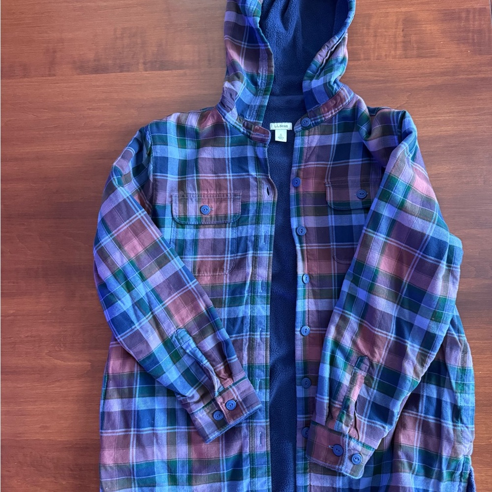 L.L. Bean Sherpa Lined Plaid Flannel Hooded Shacket - small petite